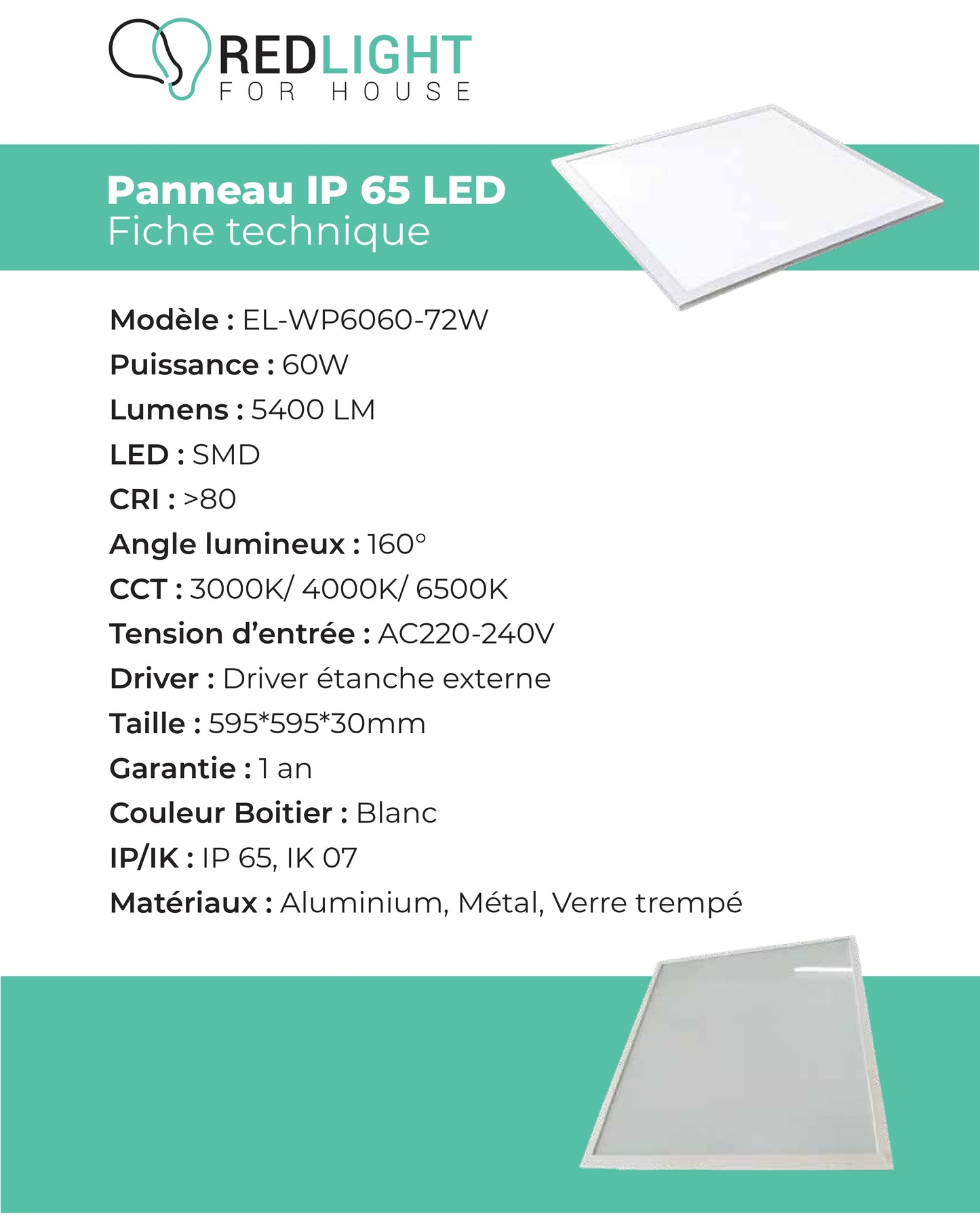 Panneau LED IP65 EL-WP6060-72W