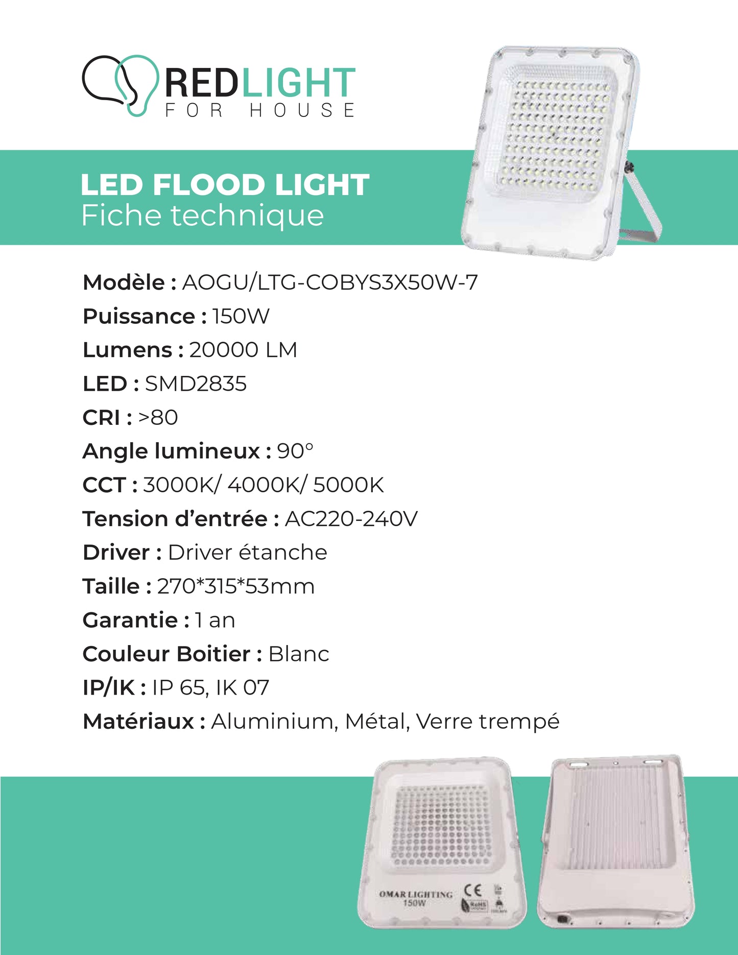 Projecteur LED AOGU/LTG-COBYS3X50W-7