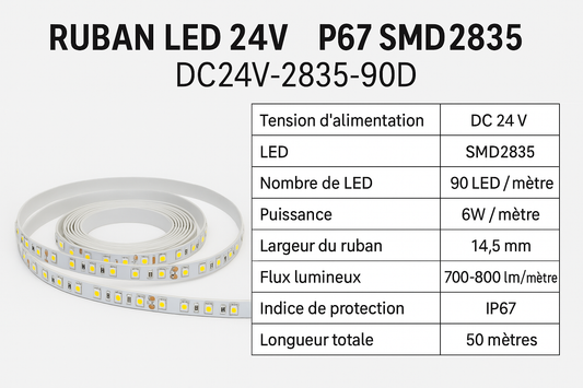 Ruban LED 24V IP67 SMD2835 – DC24V  Éclairage constant sur 50 mètres