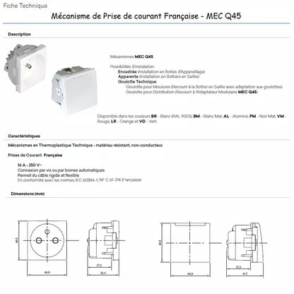 Prise Française inclinée à 45º avec Protection 45112 SRB QUADRO45 EFAPEL